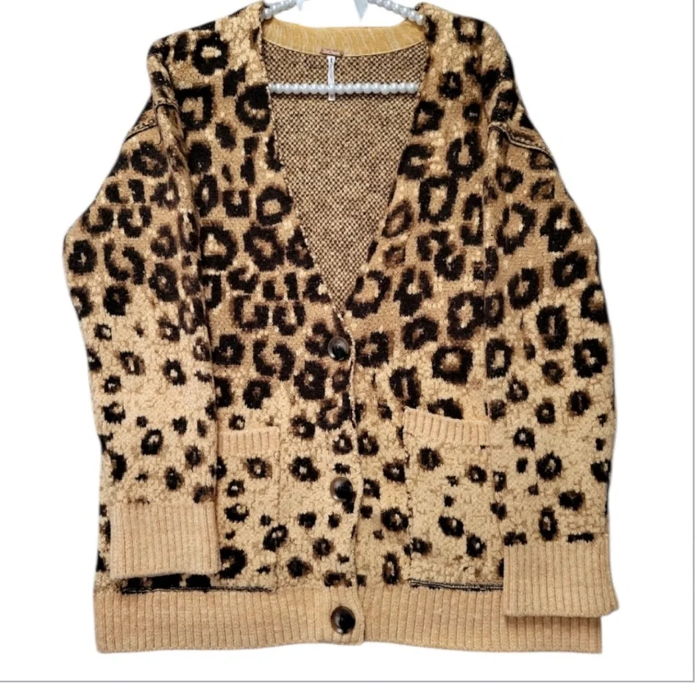 Free People State Side Leopard Print Cardigan in Tan and Brown - Picture 8 of 9